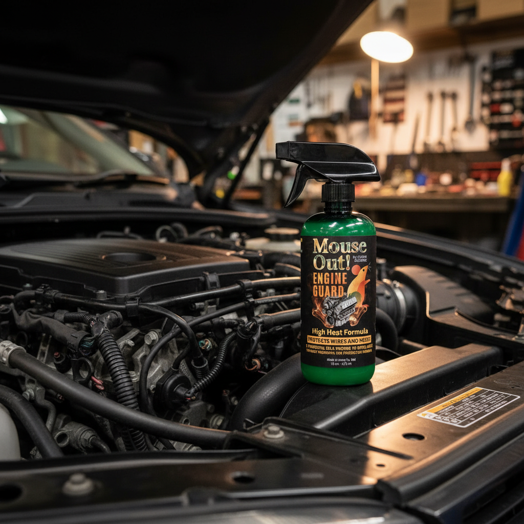 Mouse Out! ENGINE GUARD bottle positioned next to engine components under an open hood in a garage