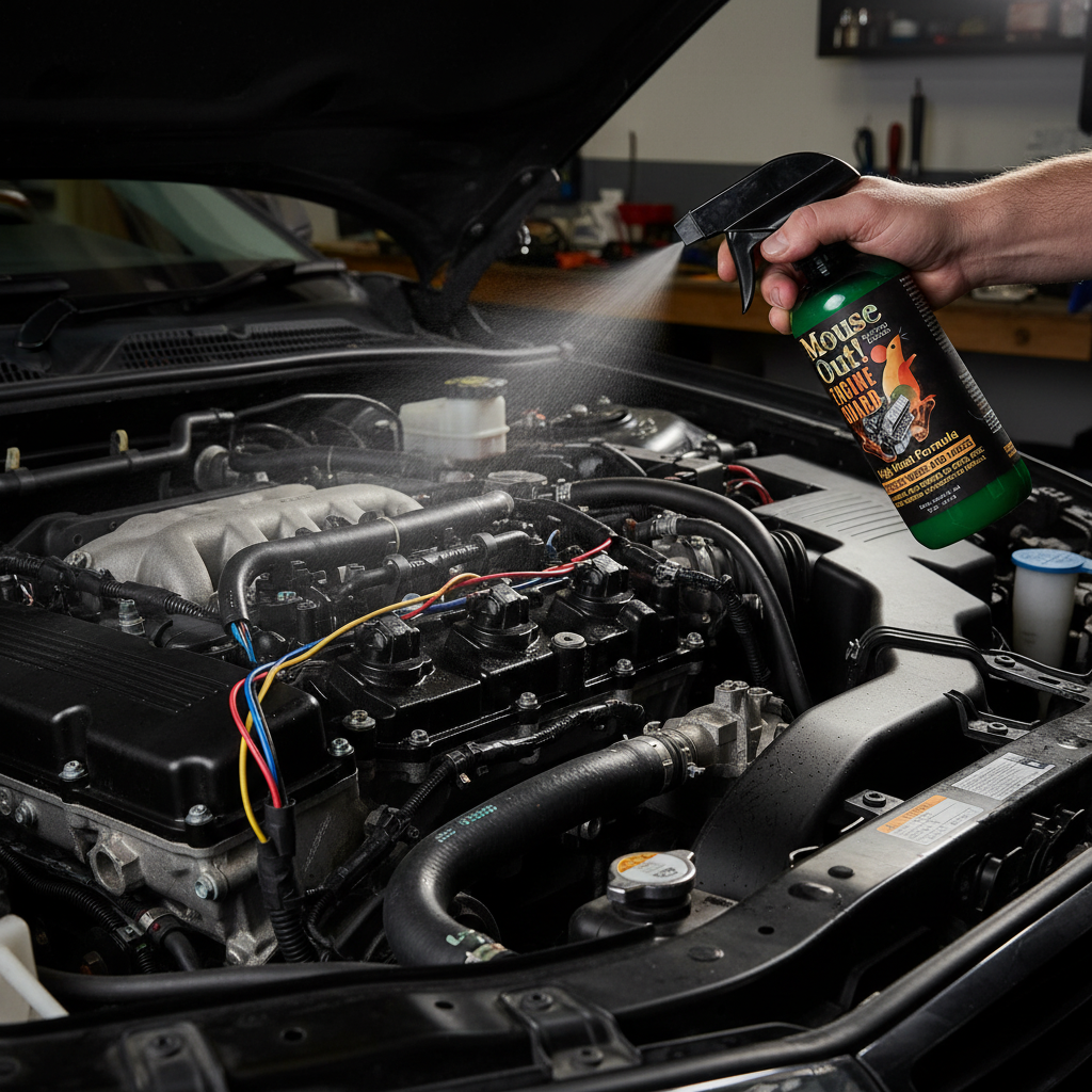 Mouse Out! ENGINE GUARD being sprayed into an open car engine bay, protecting wires and hoses