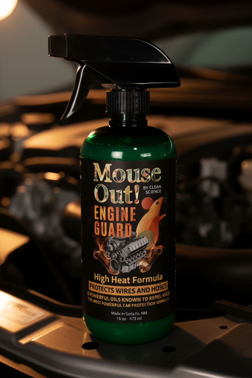 Close-up of Mouse Out! ENGINE GUARD High Heat Formula label with engine bay background