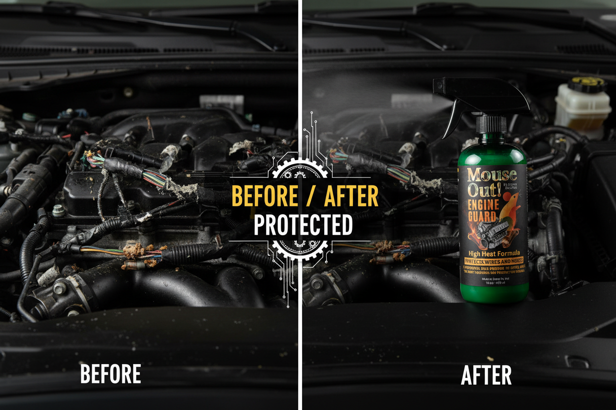 Before and after comparison showing mouse-damaged wires vs. a clean protected engine bay with Mouse Out! ENGINE GUARD